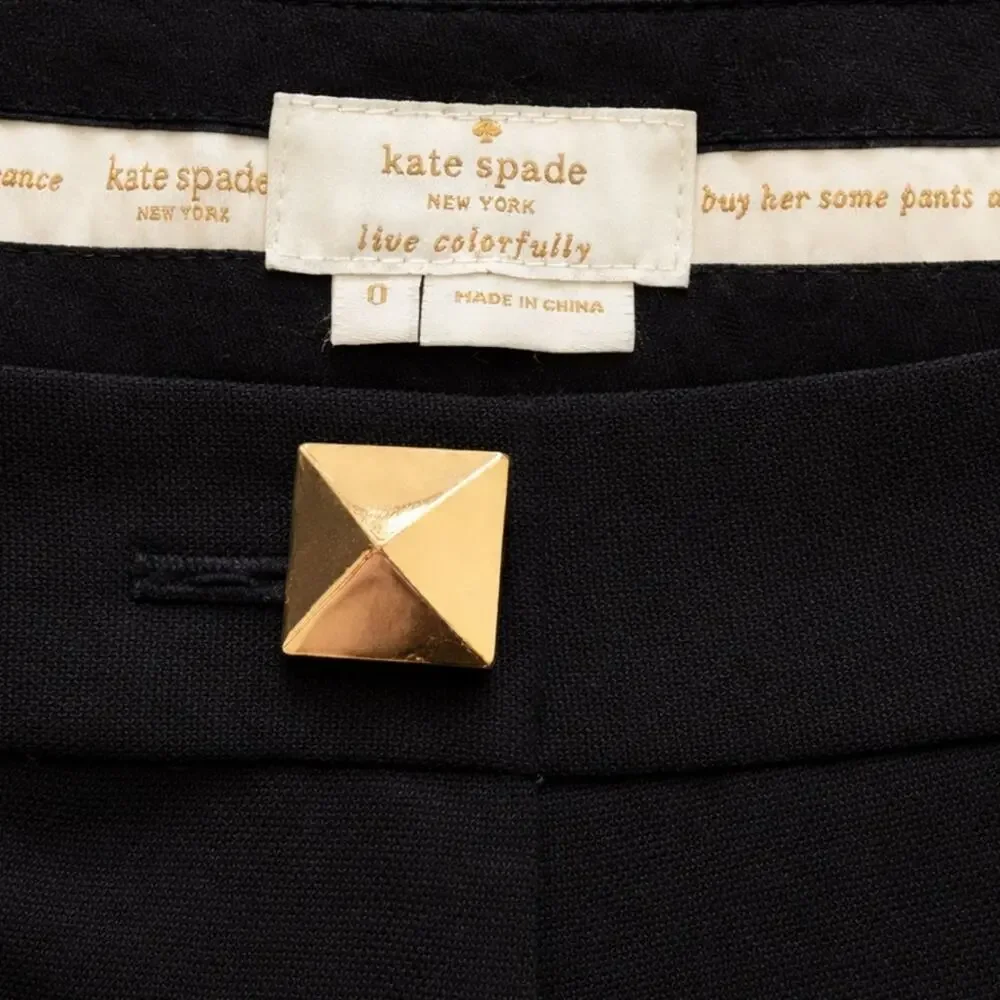 KATE SPADE New York Black Tailored Pants Gold Pyramid Button Back Pockets Size 0